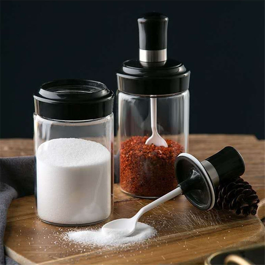 Glass Spice Box Spoon Lid Integrated Spice Jar Combination Seasoning Jar  Kitchen Supplies Salt Shaker Oil